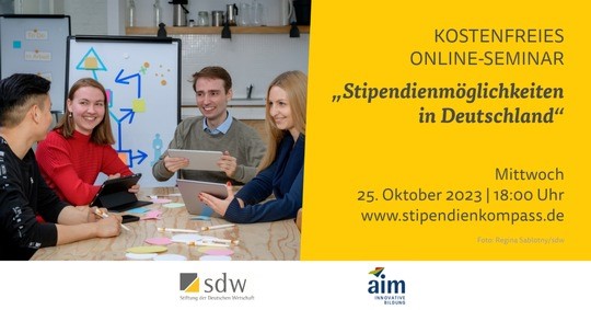 Flyer für kostenfreies Online-Seminar zu Möglichkeiten um ein Stipendium zu erhalten.