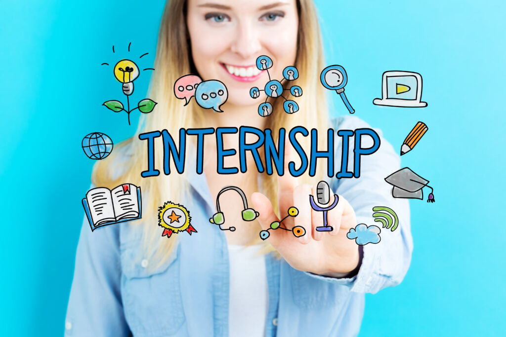 Internship concept with young woman on blue background