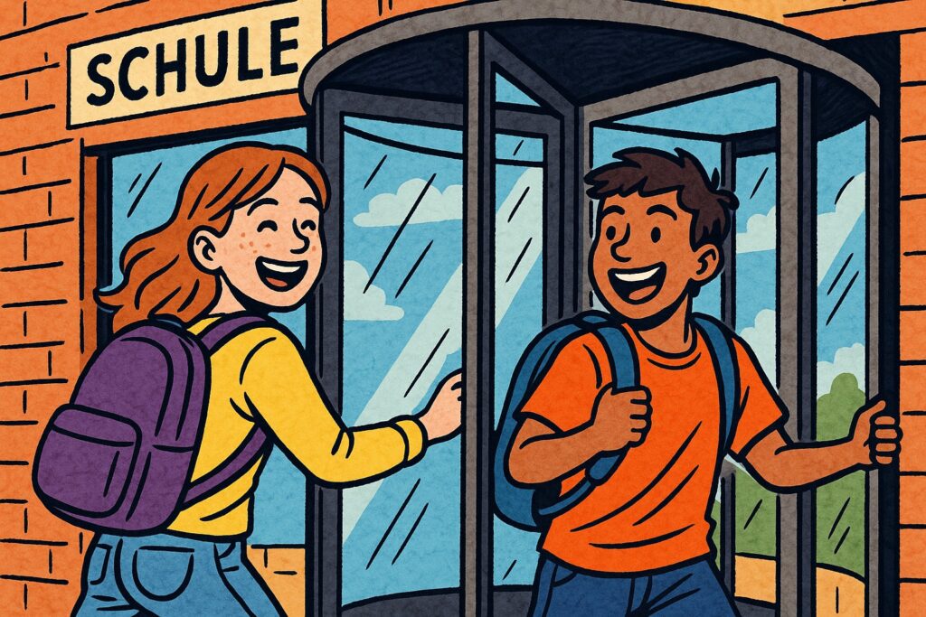 Zwei Jugendliche nutzen das Drehtürmodell und freuen sich deshalb auf die Schule.